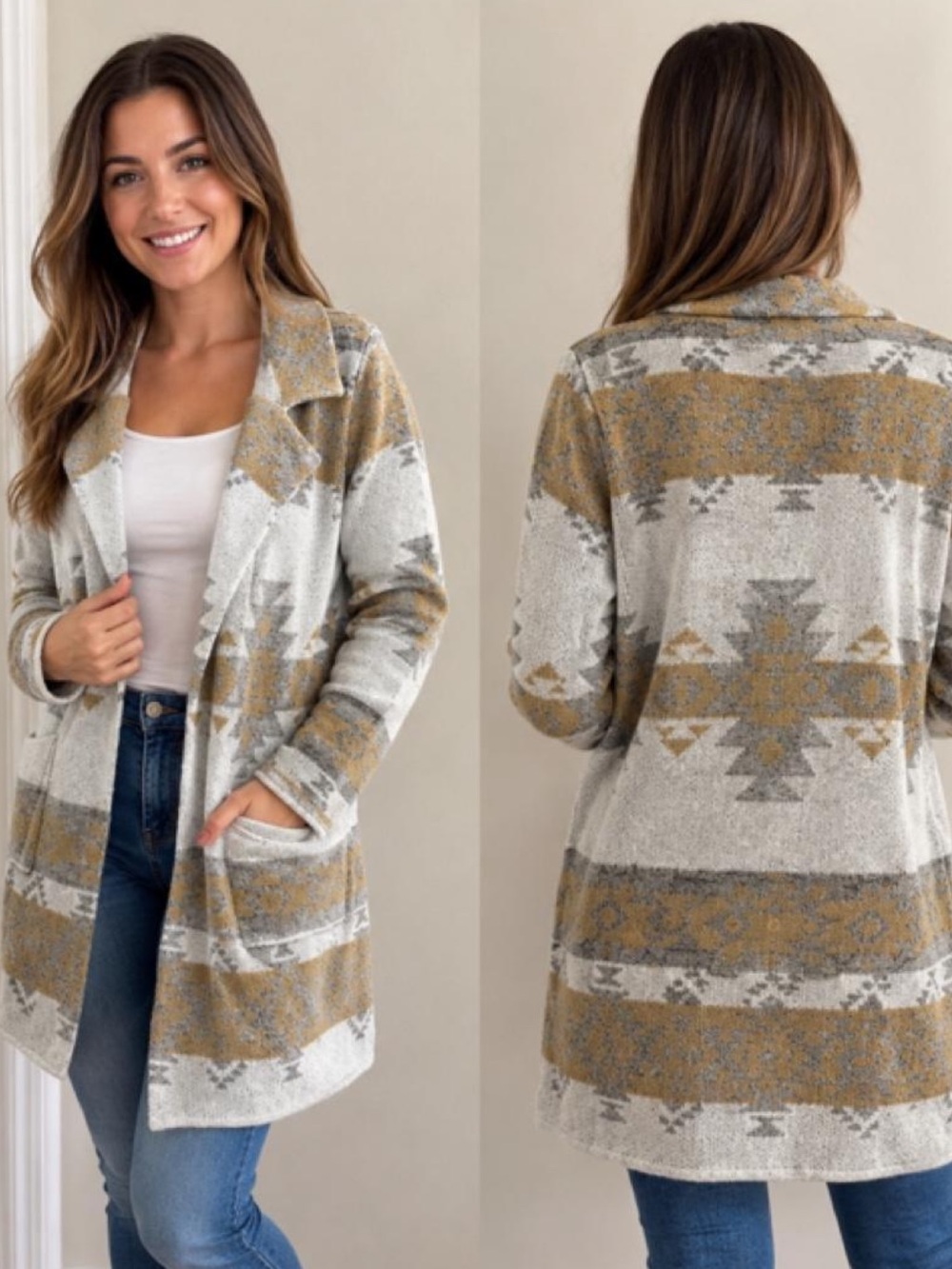Open-Front Aztec Cardigan Coatigan - Cream & Tan
